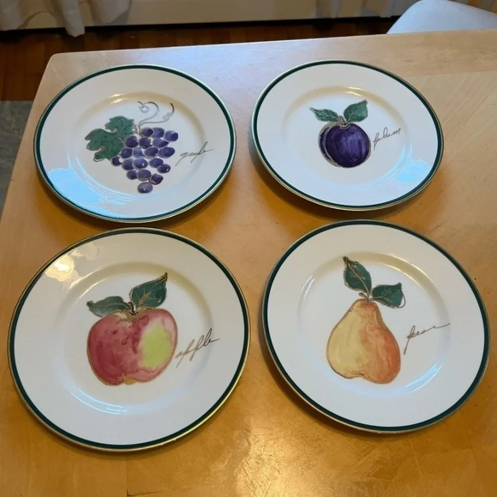 Crate & Barrel Fruit Plates 8” Set of Four, Apple, Pear, Plum, Grapes